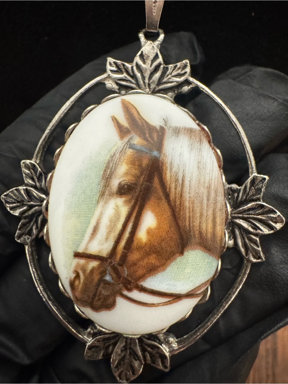 Vintage Horse Portrait Pendant in Brown and White